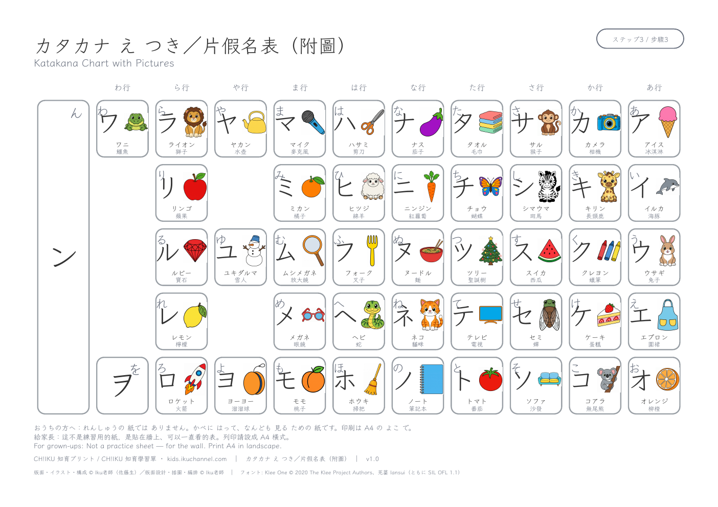 Katakana Chart with Pictures | Wall Chart (A4 Landscape)